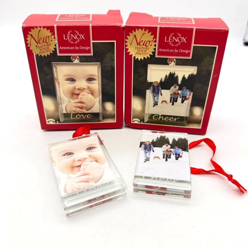 Lenox Sweetest sentiments Glass ornament photo frams Love Cheer boxed